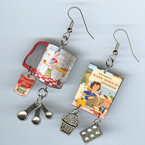 Cookbook Earrings - Vintage flour sifter Cupcakes evaporated milk Bakers chef cooks gift - Thumbnail 2