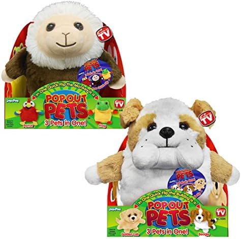 Pop Out Pets: Get 3 Stuffed Animals in One - Parrot, Frog & Monkey and Bulldog, Golden Labrador & Beagle