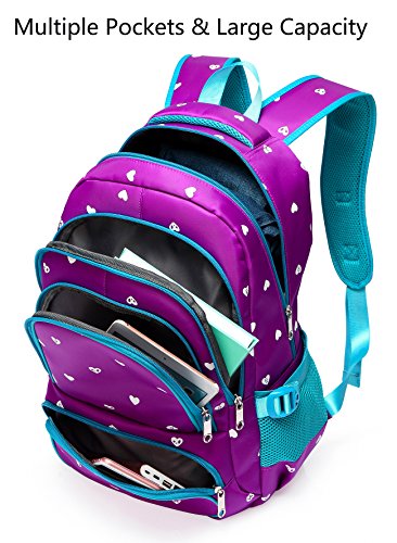 Fashion Girls Backpack for Kids Elementary School Bag Girly Bookbag Children 17 Inch Nylon Heart Print (Purple & Blue)