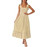 ZESICA Women's 2026 Summer Boho Spaghetti Strap Square Neck Solid Color Ruffle A Line Beach Long Maxi Dress
