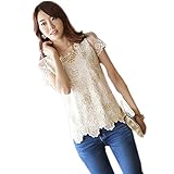 Finejo Women's Chiffon Shirt Lace Top Beading Embroidery O-neck Blouse Tops