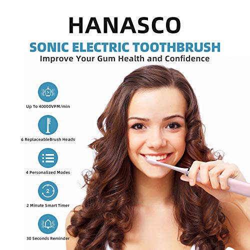 Hanasco Electric Toothbrush Sonic, 6 DuPont Brush Heads & Travel Case