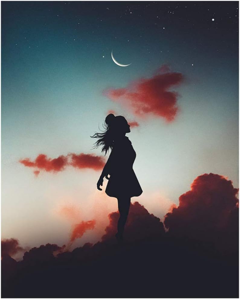 ASLKUYT Einfache Mond Mädchen Wolke Landschaft Leinwand Malerei