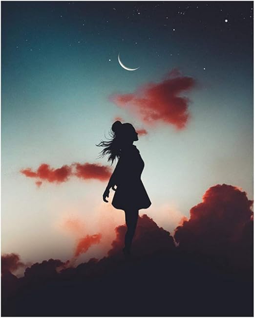 ASLKUYT Einfache Mond Mädchen Wolke Landschaft Leinwand Malerei