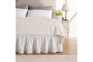 MIYE Wrap Around Ruffled Lace Bed Skirt, Elastic Dust Ruffle with Adjustable Belts, Easy to Put On, Bed Frame Cover, Machine Washable (Embroidered/White, Full/Twin-22 Drop)