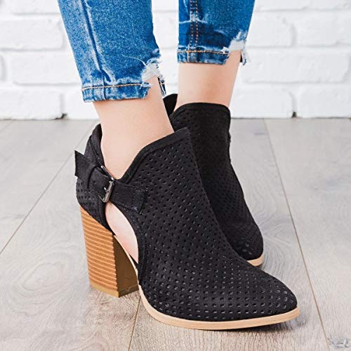 Womens Cut Out Booties Ankle Strap Block Heel Pumps Leather Stitch Boots Black
