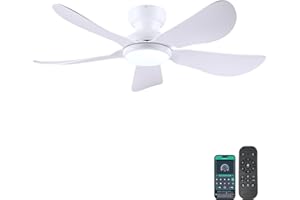 Kviflon 46 Inch Modern Ceiling Fans with Lights, Flush Mount Ceiling Fan with Light and Remote/APP Control, 5 Reversible 6 Speeds Curved Blades, 3 CCT Dimmable Lights for Bedroom, White
