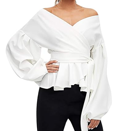 QingJiu Damenmode Langarm TräGerlos V Ausschnitt Laterne HüLse Bogen GüRtel Verband Tops