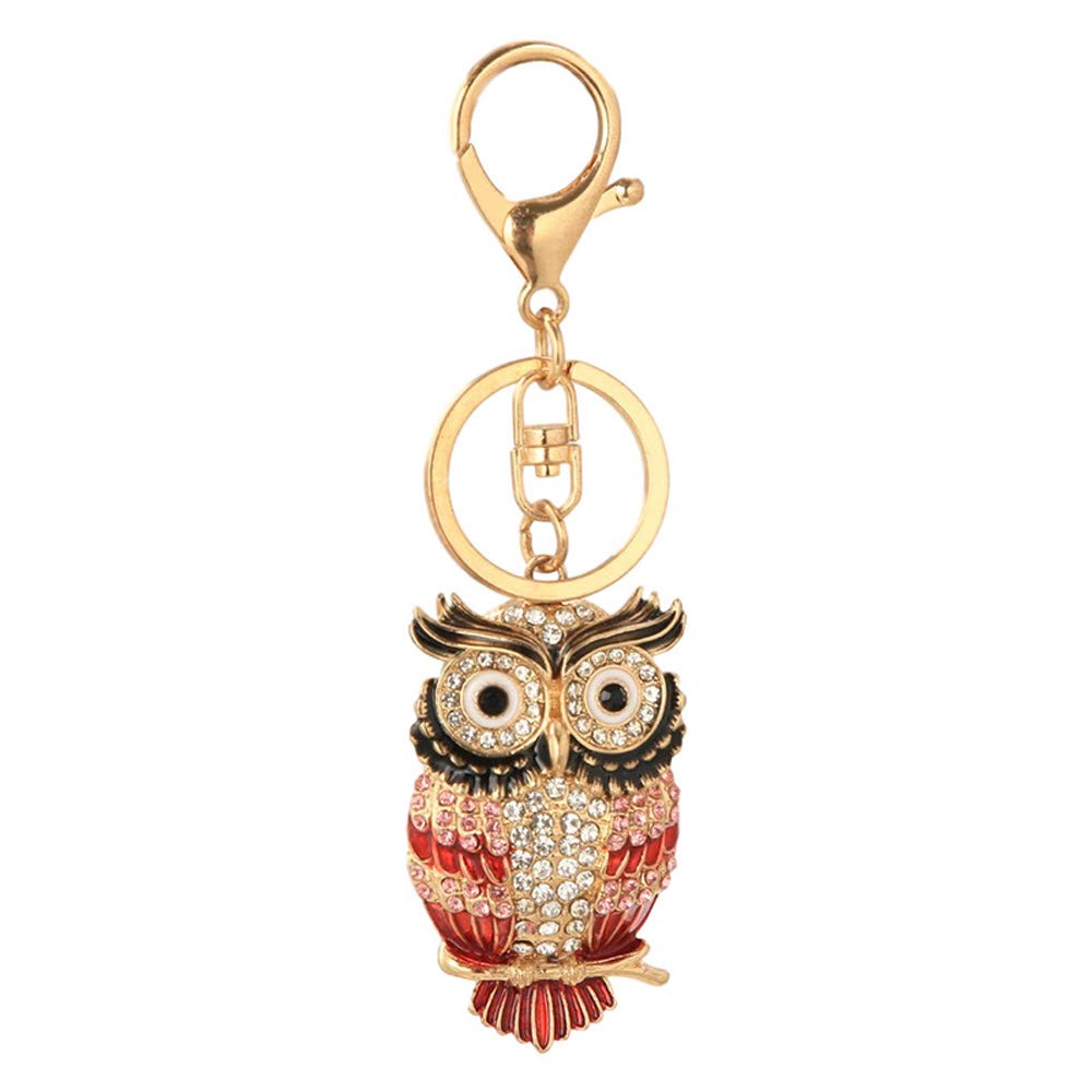 Cute Owl Rhinestones Keychain,Sparkling Alloy Charm Keyring Pendant (Red)
