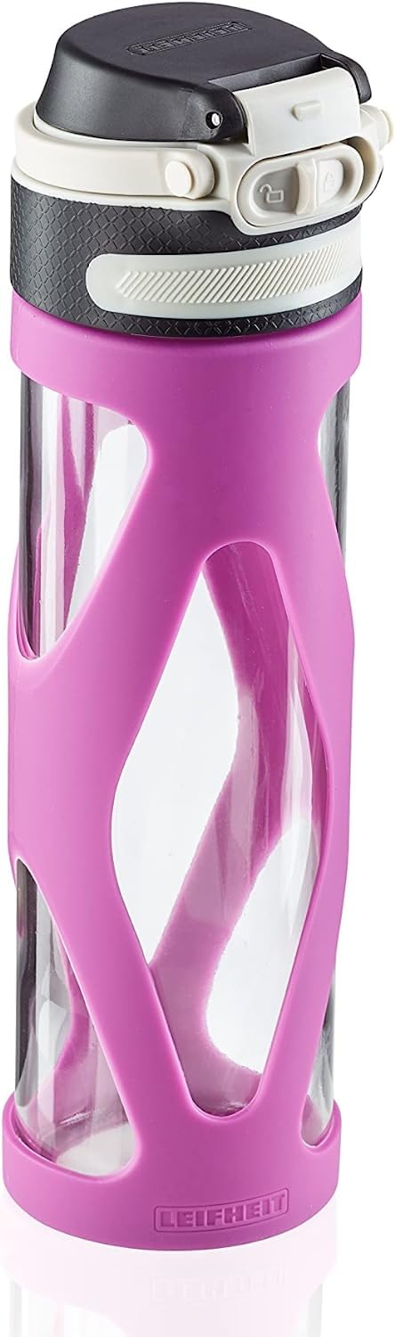 Leifheit Flip Glass Bottle 600 ml, 100% Leak-Proof Sports Bottle, Convenient One Hand Opening, Drinking Bottle with Filter for Fruit Infuser, Sustainable Water Bottle, BPA-, Shockproof, Purple