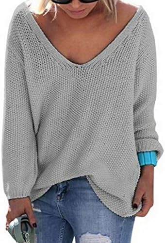 UGET Women's V Neck Loose Knit Pullover Tops Sweater Jumper Asia XL Gray