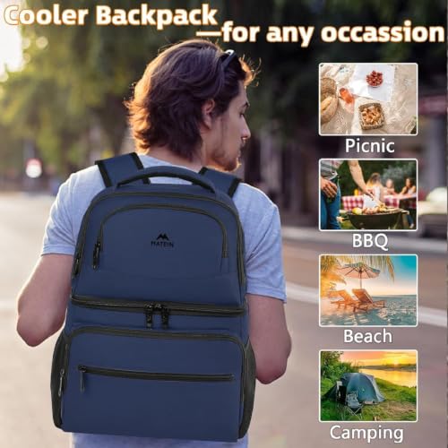 MATEIN Backpack Cooler 30 Litres with Capacity of up to 40 Cans, Thermal Backpack with Double Compartments, Lightweight and Anti-Leak Insulated Bag for Beach, Camping and Hiking, Blue