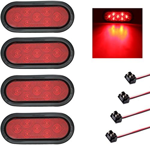 Leading Edge Lighting Set of FOUR 6" Oval RED LED Stop Turn Tail Light Grommet Trailer Truck (Complete Light Kits!)