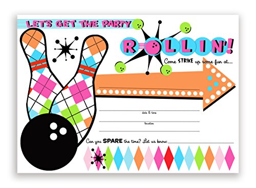Bowling Party LARGE Invitations Pink - 10 Invitations + 10 Envelopes