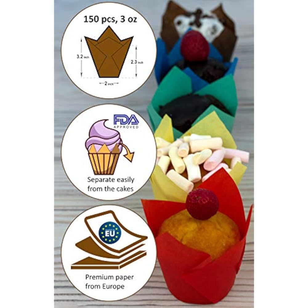Tulip Cupcake Liners, 150 Brown Parchment Paper Baking Cups, Standard