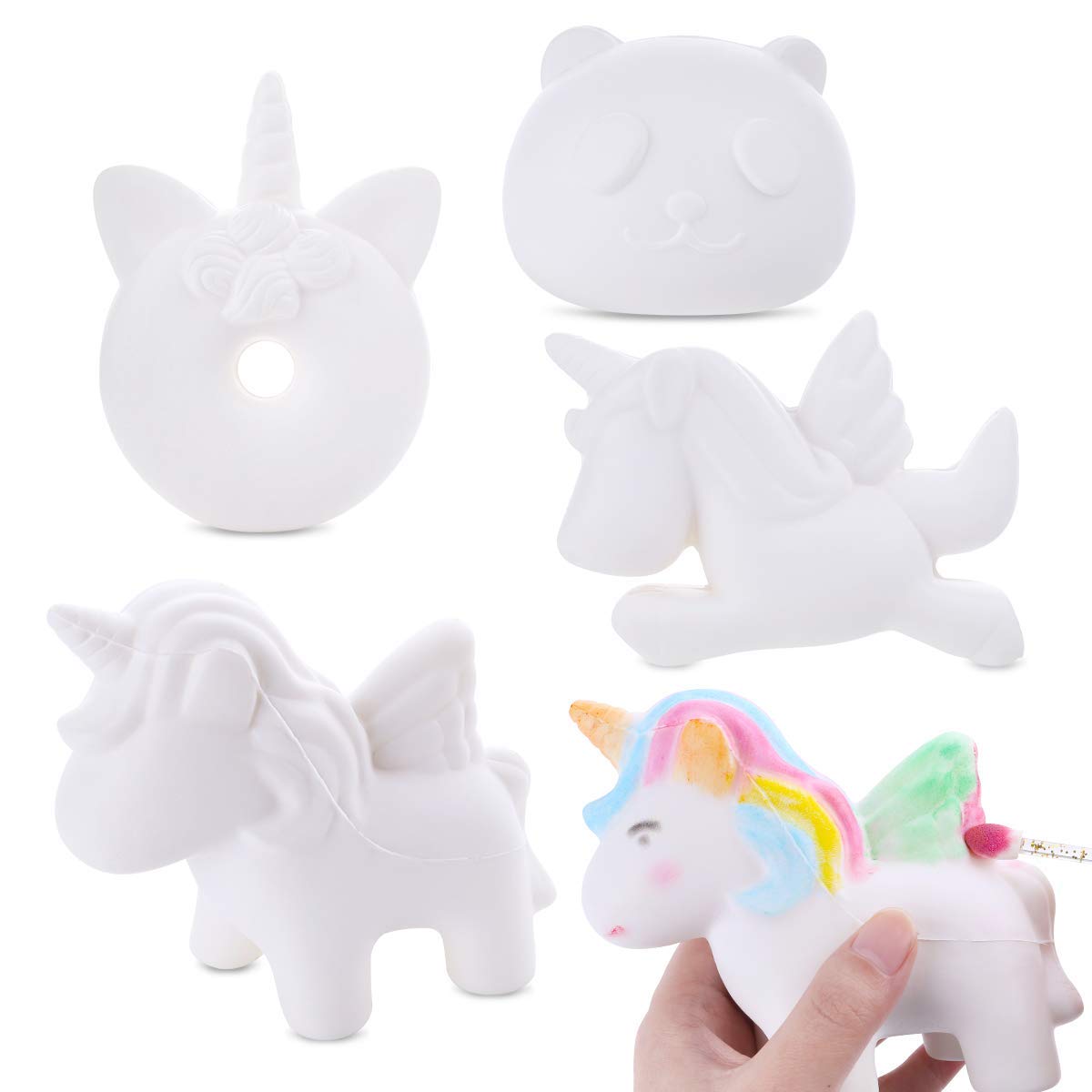 LEEHUR 4Pcs DIY White Animal Slow Rising Squishies Pack Party Favors Jumbo Blank Kawaii Soft Creamy Unicorn Horse Panda Donut Squishy Squeeze Sensory Toys Stress Anxiety Relief for Kids Adults