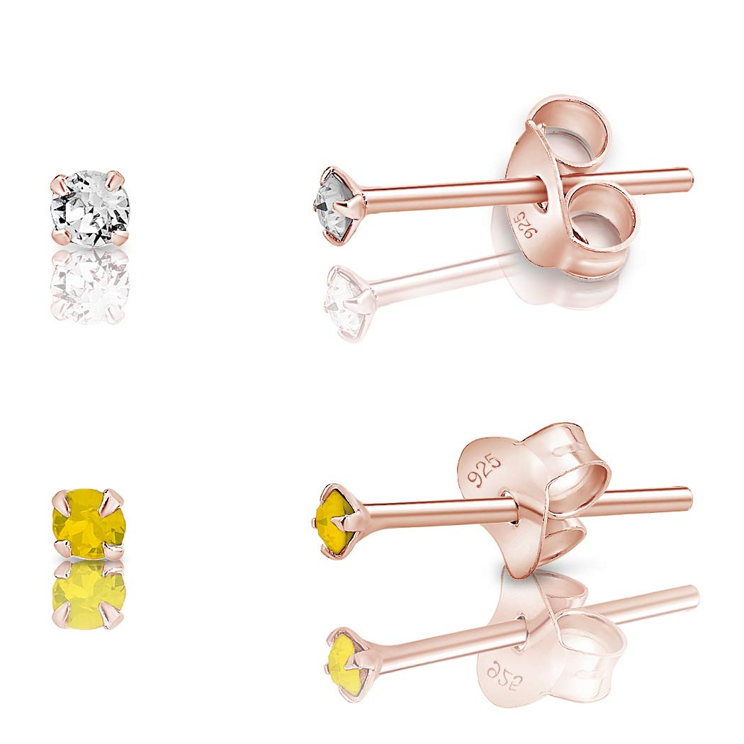 Small Solitaire Stud Earrings Set of 2 Pairs 925 Sterling Silver Rose Gold Plated 18K - Tiny Gold Studs 2 mm - Minimalist Sparkle Stud Earrings with Opal and Clear Crystal