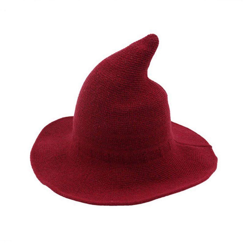 Frecoccialo Women Witch Pointed Hat, Brim Foldable Brim Knitted Cosplay Halloween Party Masquerade Costume Accessory for Adult Red