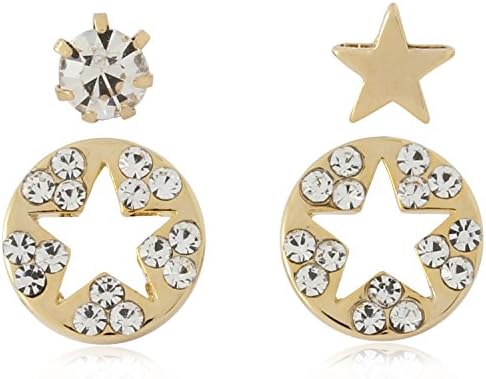 Round with Inner Start Hole, Star Shaped, Encrusted Rhinestone 2-Pair Set Stud Earrings by Lovey Lovey (Gold)