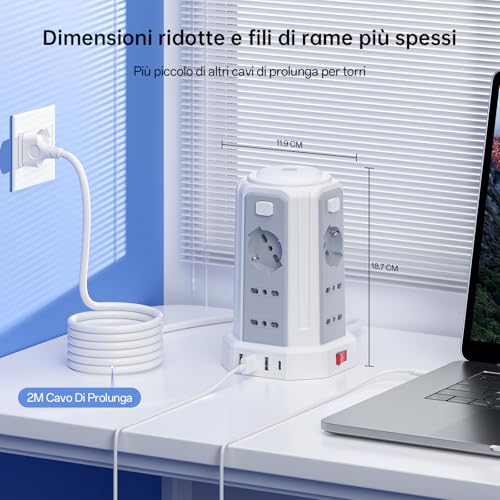 2 M Power Strip with Night Light 12 Universal Sockets 10/16A ITA and Schuko and 3 USB A+1 USB C Overvoltage Protection with 4 Independent Switches for Office, Home