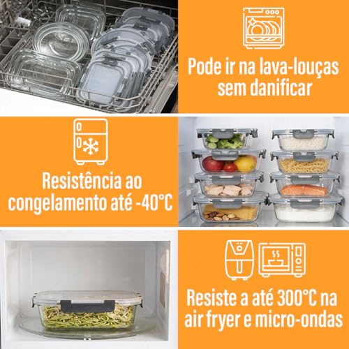 Kit 12 Potes Herméticos Yab Vidro Borossilicato com Tampa Hermética Quadrado Redondo e Retangular Tamanhos Pequeno Médio e Grande Alta Durabilidade e Resistência Térmica para Alimentos