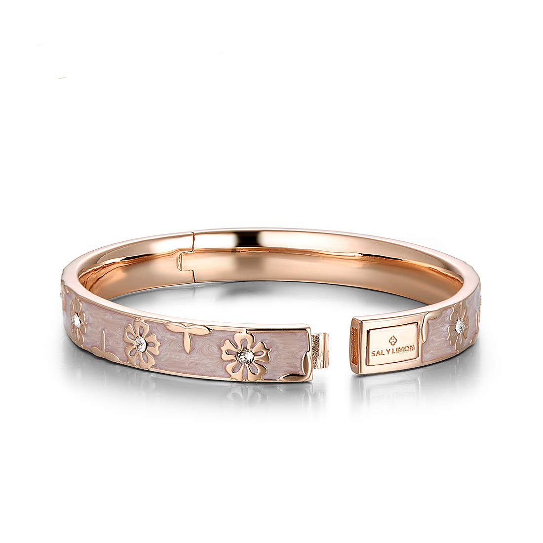Santuzza Rose Gold Plating Bangle Brass Enamel Flower Pattern Bracelet with Crystal Ideal Jewelry Gift for Women Girls (Pink)