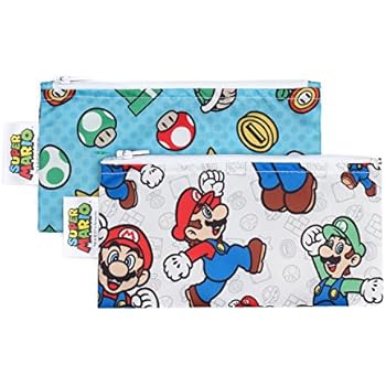 Bumkins Nintendo Super Mario Snack Bags, Reusable, Washable, Food Safe, BPA Free - Mario & Luigi, Pack of 2