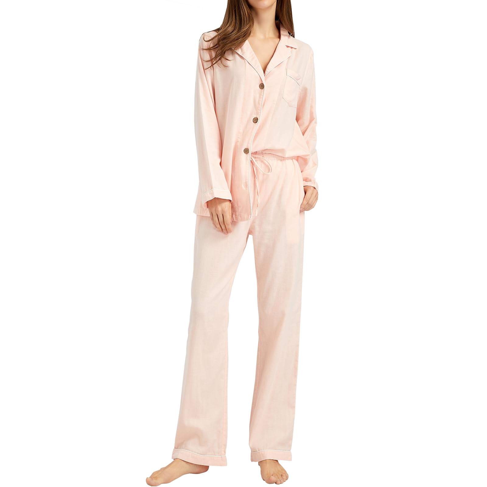 Photo 1 of XINJU Women's Pajama Set 100% Double Gauze Cotton Linen Like Super Soft Comfy Lightweight Button Down Sleepwear (Small, Long Sleeve, Pink)