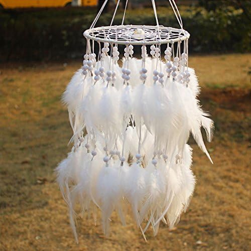 Jescrich Handmade Wall Hanging Decor Large Dream Catcher with Feathers Ornaments for Bedroom Long 19.7" (White, one circle)