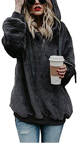 DIKEWANG Clearance Womens Fuzzy Casual Loose Sweatshirt Hooded Pockets Outwear Coat Winter Warm Wool Zipper Coat Outwear Ladies Fluffy Hooded Pullover Jumper 6-22