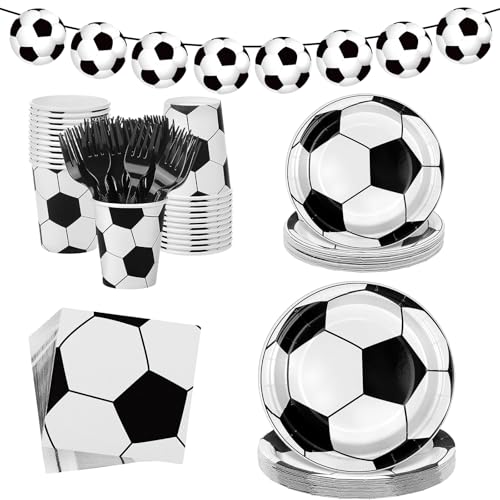 30PCS Platos de Fútbol para Fiesta de Cumpleaños, Decoraciones para Fiestas de Fútbol, con Placa, Mantel Taza,Tenedor, Servilleta, Pancarta, para Cumpleaños y Cualquier Celebración