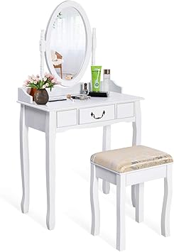 Amazon Com Giantex White Vanity Table Set With Stool Dressing Table For Girls Women Mirror Makeup Table Desk Room Vanity Dresser Large Bedroom Vanities W Drawer Furniture Decor