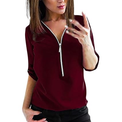 Damen Langarmshirt,Innerternet Damen Spitze Langarm T-Shirt Mode Einfarbig Bandage Tiefer V-Ausschnitt Blusen Slim Fit Oberte