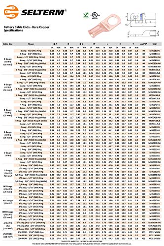 SELTERM 2pcs 6 AWG 1/4" Stud (Wide Pad) Copper Wire