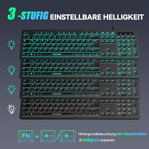 TECKNET Wired Keyboard USB with 7 Colours RGB Lighting, German QWERTZ Full Size, Quiet Keyboard Splash-proof for PC/Laptop (Windows/Mac) - Black
