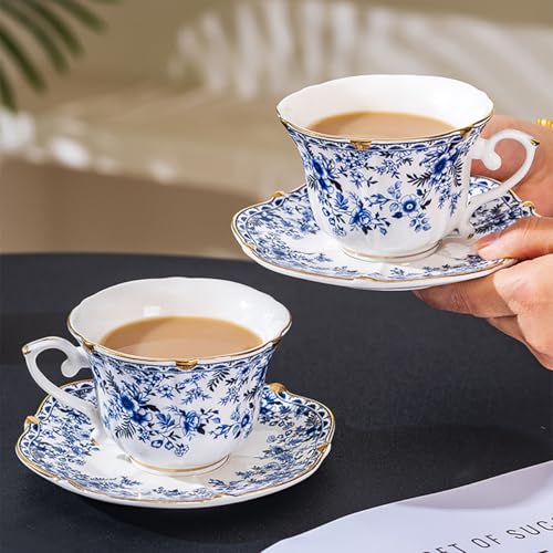 250ml Tea Cup and Saucer Set, 8oz Floral Blue Porcelain Coffee Cups for Tea, Cappuccino, Latte, Elegant Vintage Bone China Tea Set, Gift Box