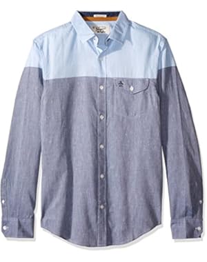 Men's Long Sleeve Color Block Nep Chambray