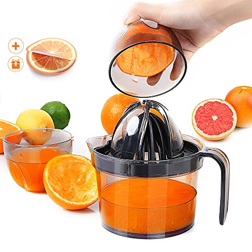 Citrus Juicer,Orange Lemon Manual Squeezer Hand Rotate Lime Press Juicer,Anti-Slip Non-Marking Silicone Base and Ergonomic Handle,Multi-Size Reamers,17-Ounce Capacity,Black(Free Sent A Sticky Notes)