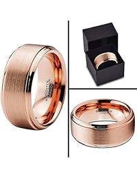 Charming Jewelers - Anillo de boda de tungsteno negro de 0.394 in para hombre y mujer, ajuste cómodo, oro rosa de 18 quilates, borde escalonado, pulido