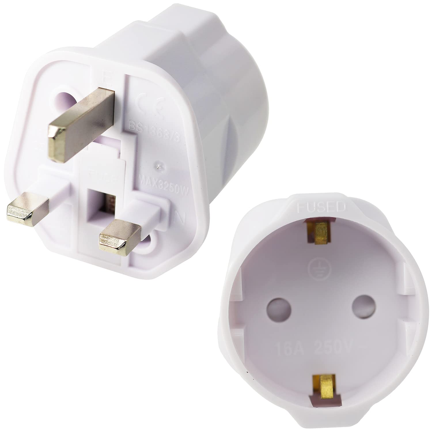 Casoter EU to UK Plug Adapter w/Fused, 2-Pin Plug Adaptor to 3-Pin 13A Fused 250V Grounded Travel Adapter Continental Type C E F To Type G - White, 2 Pack