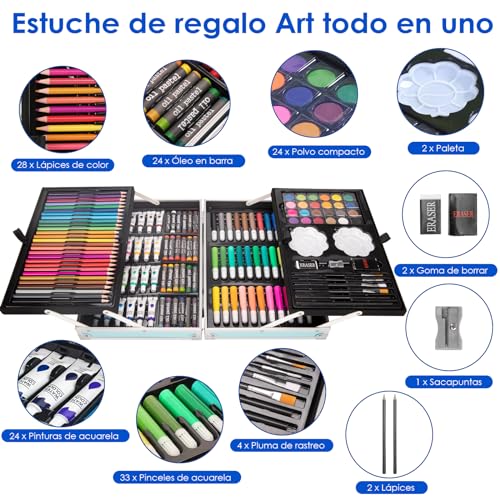 ZZBIFRJ Set de Arte Profesional Plegable de Aluminio, 145 Piezas Kit de Dibujo en Color, Lapices de Colores Profesionale Ideal Regalo para Niños (Astronautas)