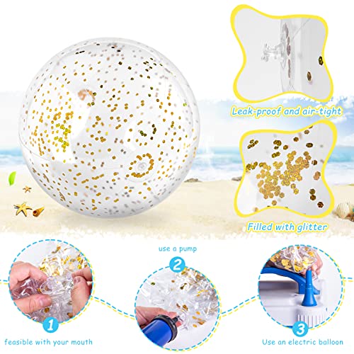FUTUREPLUSX Glitter Beach Balls 16 Inch, 2PCS Swimming Pool Balls Inflatable Beach Ball with Gold Confetti for Kids Birthday Summer Pool Party