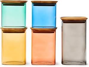 EZOWare 5 Piece Colorful Stackable Glass Jar Set, Square Air Tight Kitchen Food Storage Canister with Lid for Candy, Cookie, Rice, Sugar, Flour, Pasta, Nuts - 24oz / 34oz / 44oz