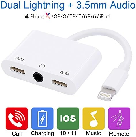 iPhone 7 Lightning Headphone Adapter - iPhone 7/8/X Splitter with Dual Lightning& Audio, 2 in 1 Lightning Adapter for iphone 7 with Call, Music and Charge Funticon, by Hanpro