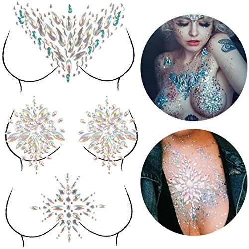 COKOHAPPY 3 Sets of Body Jewels Rave Festival Rhinestone Face Body Jewelry Stick On Crystal Tattoo Nipple Chest Crystal Body Gem Stones Bindi Stickers