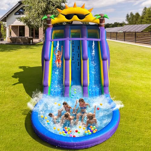 Inflatable Water Slide with Big Splash Pool, Water Slides Backyard Water Slide and Swimming Pool Summer Splash Party (Sun Glassess)