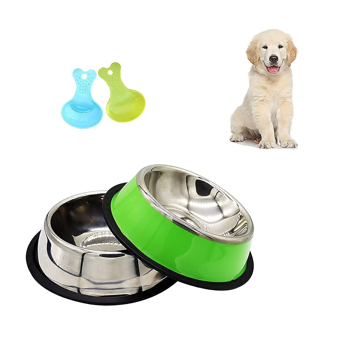 2 pcs Puppy Food bowls, Small Dog Bowl set, Stainless Steel Feeding Bowl with 2 Spoon, Non-slip Rubber Bases Food Bowl Water Bowl