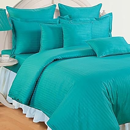 Reliable 300 TC Plain Stripe King Size Elastic Fitted Cotton Bedsheets, Turquoise