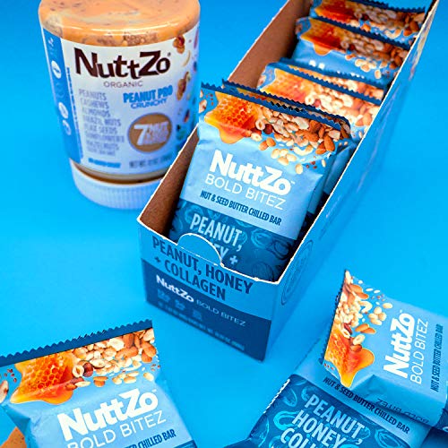 NuttZo Bold BiteZ - Peanut, Honey + Collagen Seven Nut & Seed Butter Protein Snack Bars, 1.41 Ounce (Box of 12)