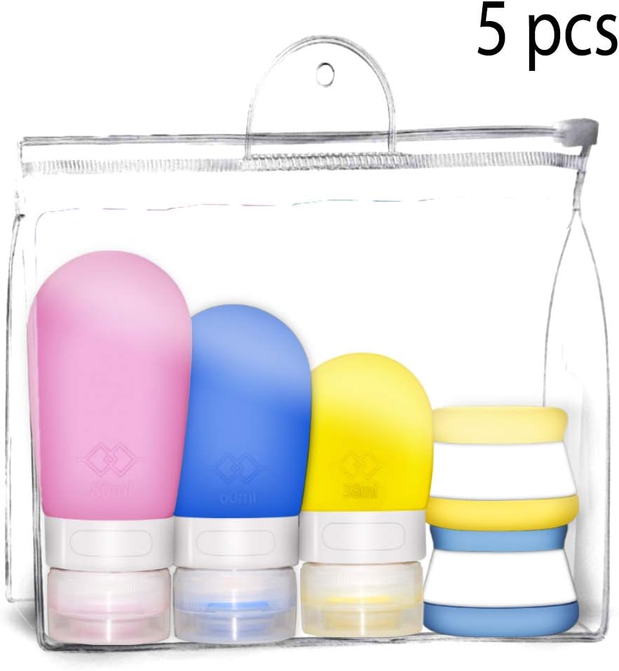 CNYMANY 5 pcs Travel Squeeze Bottles Containers Leak-Proof Silicone Cream Jars for Shampoo Lotion with Toiletry Case
